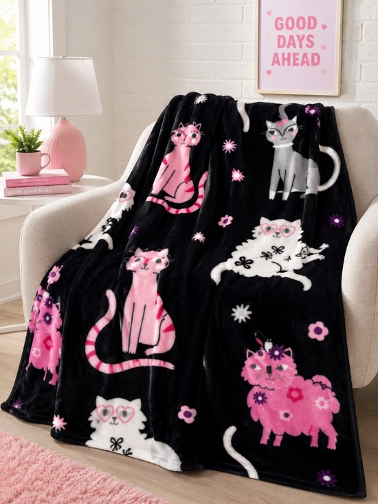 Betsey Johnson Other - NWT Betsey Johnson Plush Throw Blanket Pink Black Cats 50x60 Ultra Soft Cozy